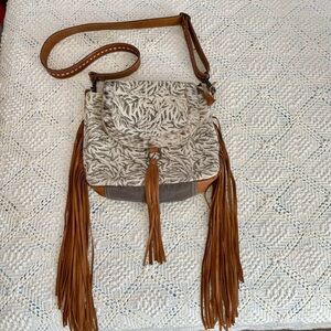 Myra Canvas with Calf Hair Trim Western Boho Fringe Trim Messenger Bag